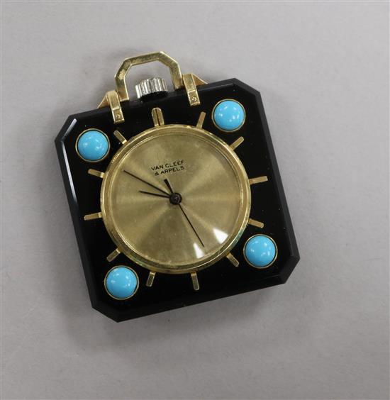 A Van Cleef & Arpels gold, black onyx? and turquoise coloured cabochon set pendant timepiece, 37mm.